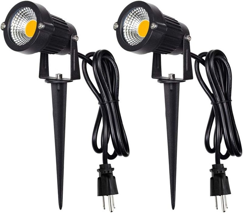 Z_جوده وثقه Outdoor Landscape LED Lighting 5W Waterproof Graden Lights COB Led Spotlights with Spiked Stand for Lawn Decorative Lamp US 3- Plug 3500K Warm White Lights (2 Packs) - Image 1